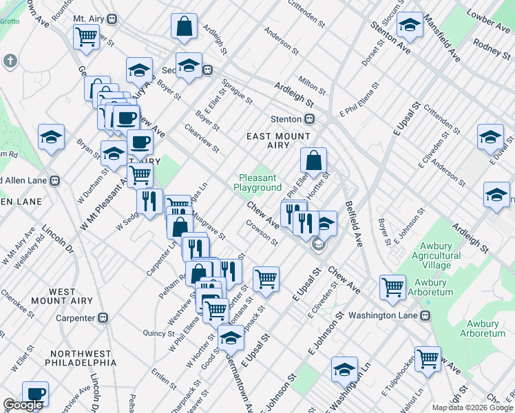 map of restaurants, bars, coffee shops, grocery stores, and more near 6709 Chew Avenue in Philadelphia