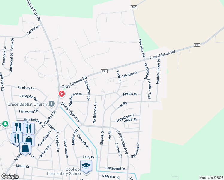 map of restaurants, bars, coffee shops, grocery stores, and more near 1135 Stephenson Drive in Troy
