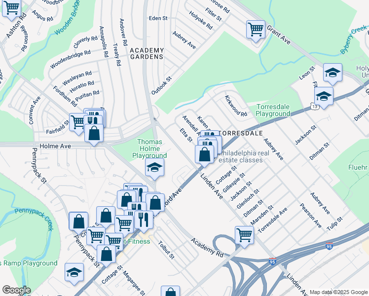 map of restaurants, bars, coffee shops, grocery stores, and more near 3845 Linden Avenue in Philadelphia