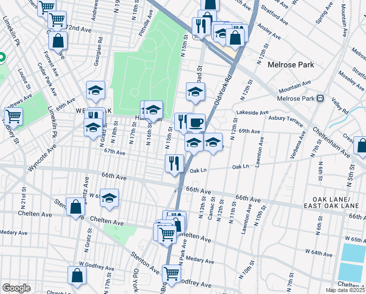 map of restaurants, bars, coffee shops, grocery stores, and more near 6732 North Broad Street in Philadelphia
