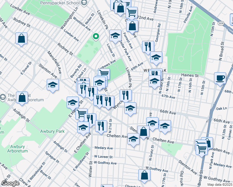 map of restaurants, bars, coffee shops, grocery stores, and more near 2061 Independence Street in Philadelphia