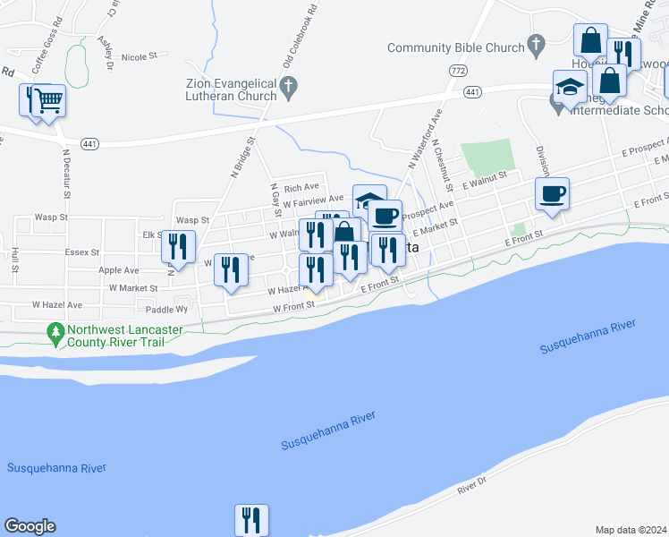 map of restaurants, bars, coffee shops, grocery stores, and more near 101 West Market Street in Marietta