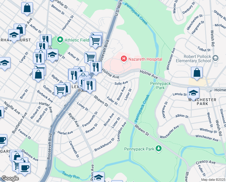 map of restaurants, bars, coffee shops, grocery stores, and more near 8121 Revere Street in Philadelphia