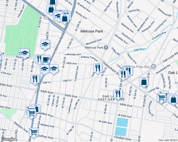 map of restaurants, bars, coffee shops, grocery stores, and more near 6824 North 9th Street in Philadelphia
