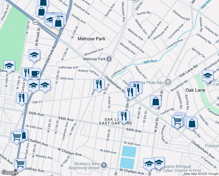 map of restaurants, bars, coffee shops, grocery stores, and more near 603 Oak Lane in Philadelphia
