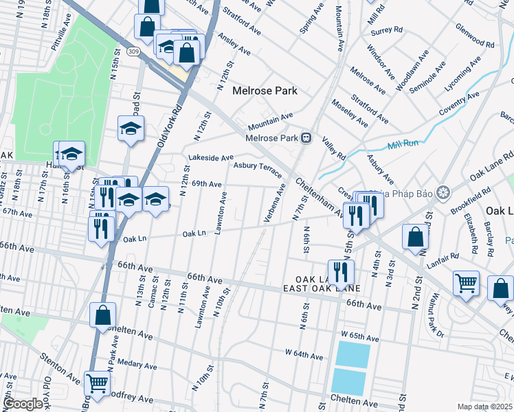 map of restaurants, bars, coffee shops, grocery stores, and more near 6824 North 9th Street in Philadelphia