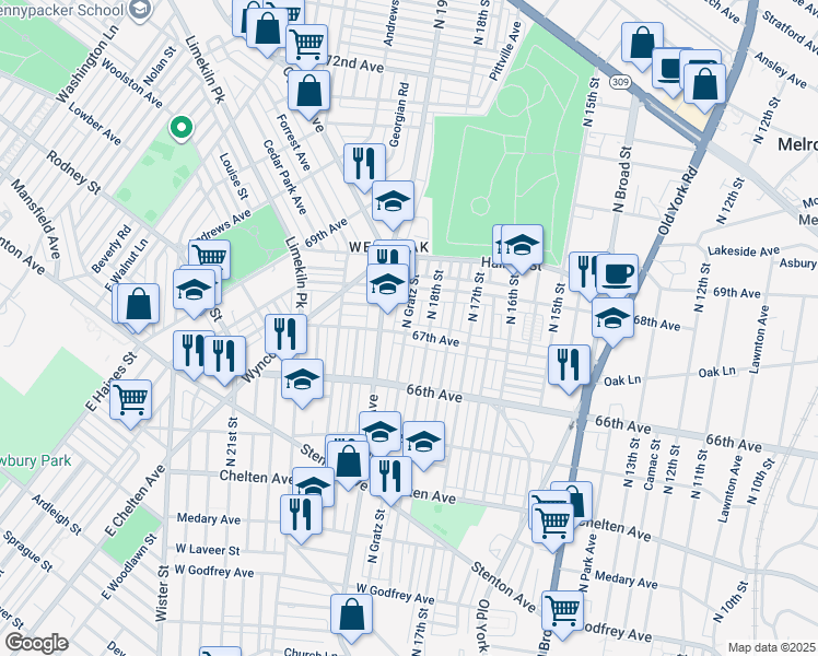 map of restaurants, bars, coffee shops, grocery stores, and more near 1819 67th Avenue in Philadelphia