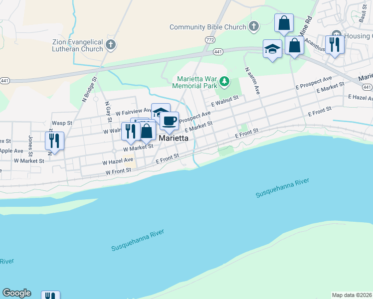 map of restaurants, bars, coffee shops, grocery stores, and more near 116 East Front Street in Marietta