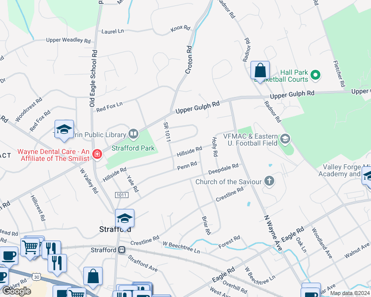 map of restaurants, bars, coffee shops, grocery stores, and more near 124 Hillside Road in Wayne