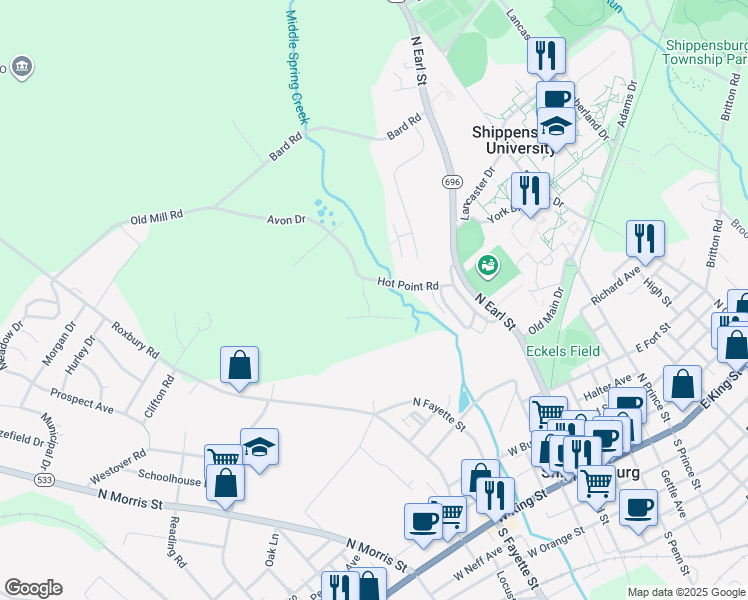 map of restaurants, bars, coffee shops, grocery stores, and more near 102 Hot Point Avenue in Shippensburg