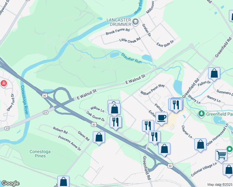 map of restaurants, bars, coffee shops, grocery stores, and more near 300 Aaron Lane in Neffsville