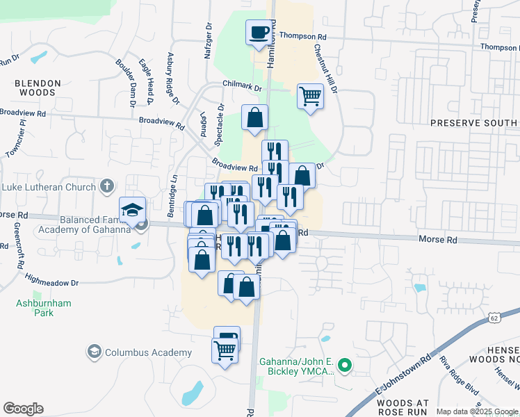 map of restaurants, bars, coffee shops, grocery stores, and more near 4784 Morse Road in Columbus