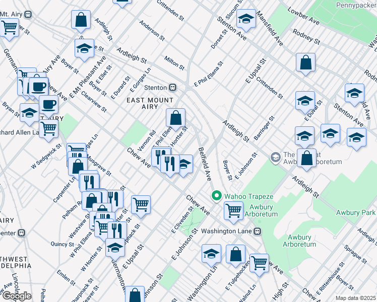 map of restaurants, bars, coffee shops, grocery stores, and more near 412 Montana Street in Philadelphia