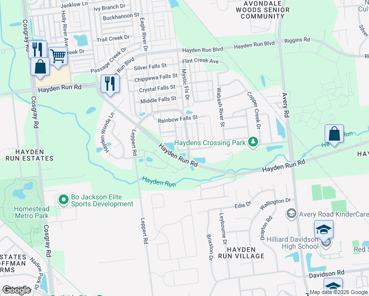 map of restaurants, bars, coffee shops, grocery stores, and more near 5532 Firehole Falls Street in Dublin