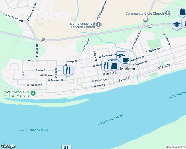 map of restaurants, bars, coffee shops, grocery stores, and more near 220 West Market Street in Marietta