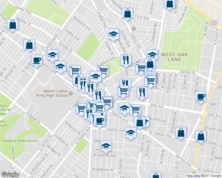map of restaurants, bars, coffee shops, grocery stores, and more near 2086 Eastburn Avenue in Philadelphia