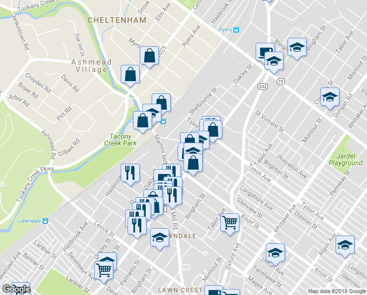 map of restaurants, bars, coffee shops, grocery stores, and more near 412 Longshore Avenue in Philadelphia