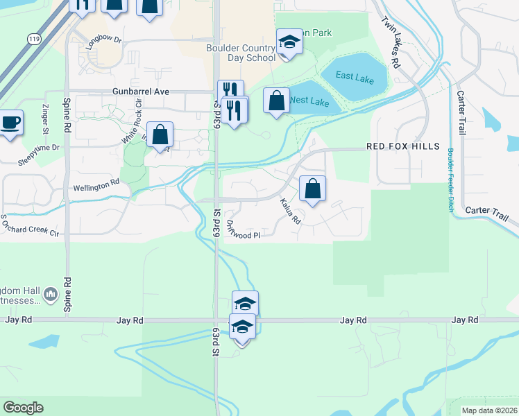 map of restaurants, bars, coffee shops, grocery stores, and more near 6400 Driftwood Place in Boulder