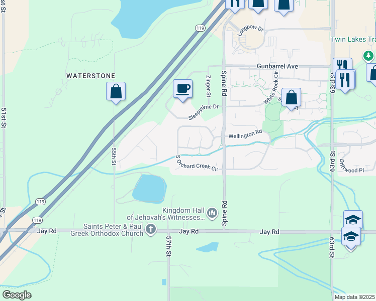 map of restaurants, bars, coffee shops, grocery stores, and more near 5812 Orchard Creek Lane in Boulder