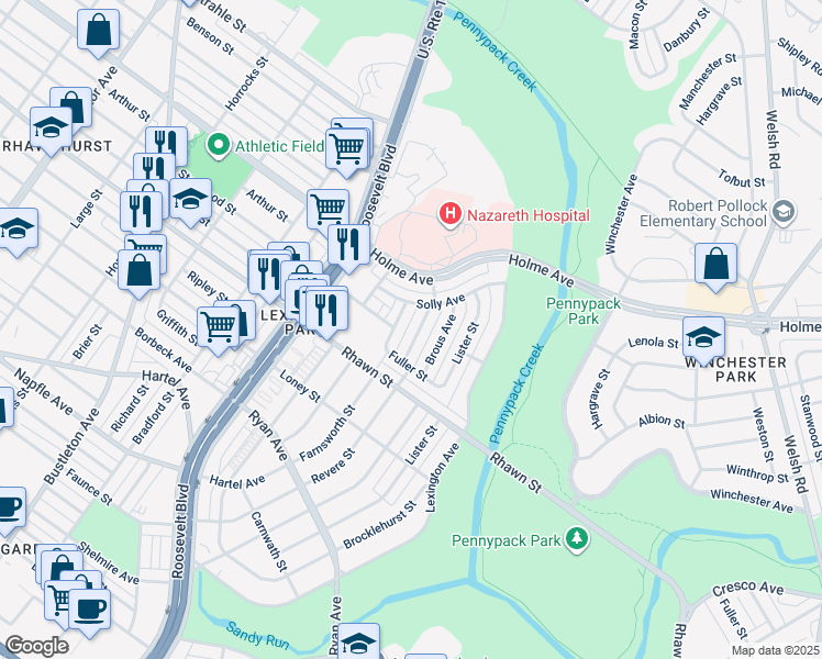 map of restaurants, bars, coffee shops, grocery stores, and more near 8121 Revere Street in Philadelphia