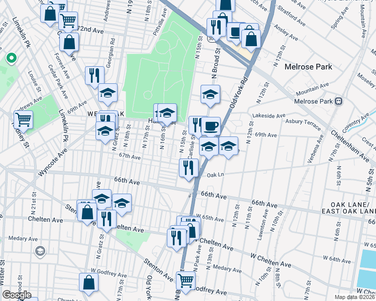 map of restaurants, bars, coffee shops, grocery stores, and more near 6715 North 15th Street in Philadelphia