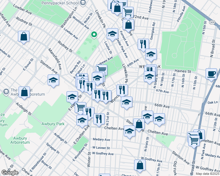 map of restaurants, bars, coffee shops, grocery stores, and more near 2086 Eastburn Avenue in Philadelphia