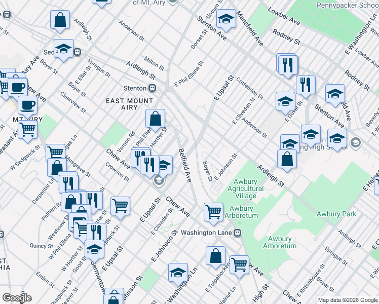 map of restaurants, bars, coffee shops, grocery stores, and more near 500 East Upsal Street in Philadelphia