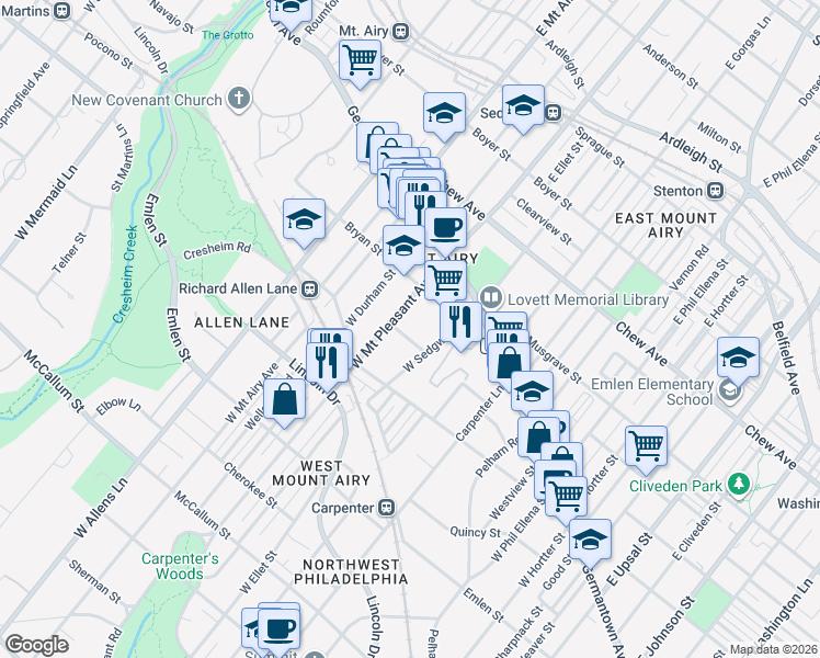 map of restaurants, bars, coffee shops, grocery stores, and more near 7021 Mower Street in Philadelphia