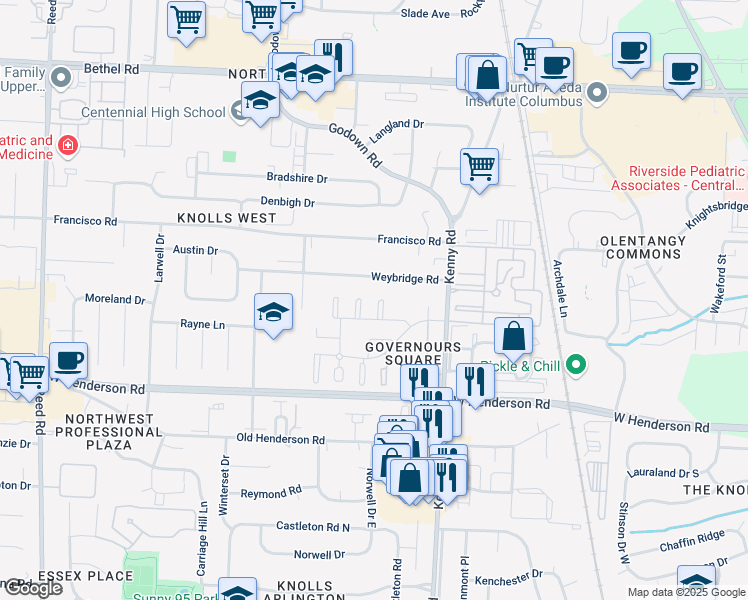 map of restaurants, bars, coffee shops, grocery stores, and more near 4780 Gainsborough Court in Columbus