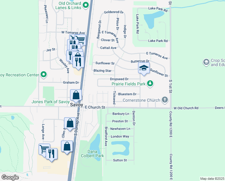 map of restaurants, bars, coffee shops, grocery stores, and more near 201 Tickseed in Savoy