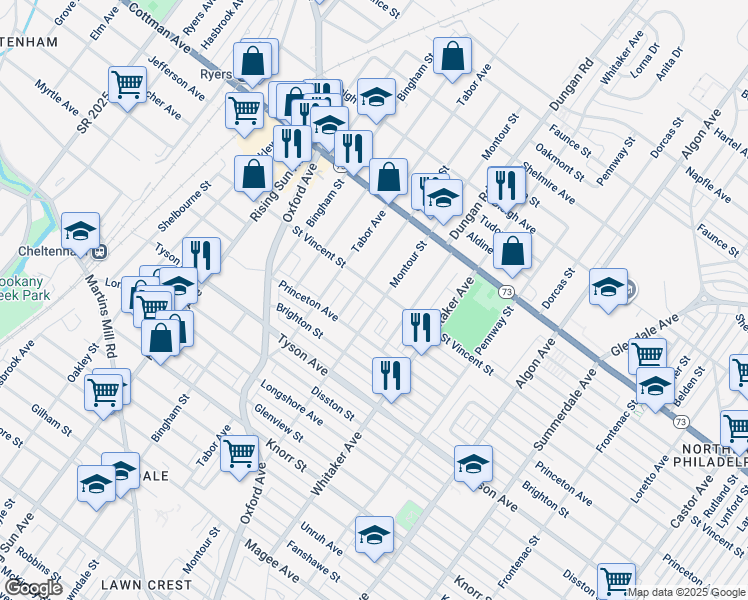 map of restaurants, bars, coffee shops, grocery stores, and more near 7140 Montour Street in Philadelphia