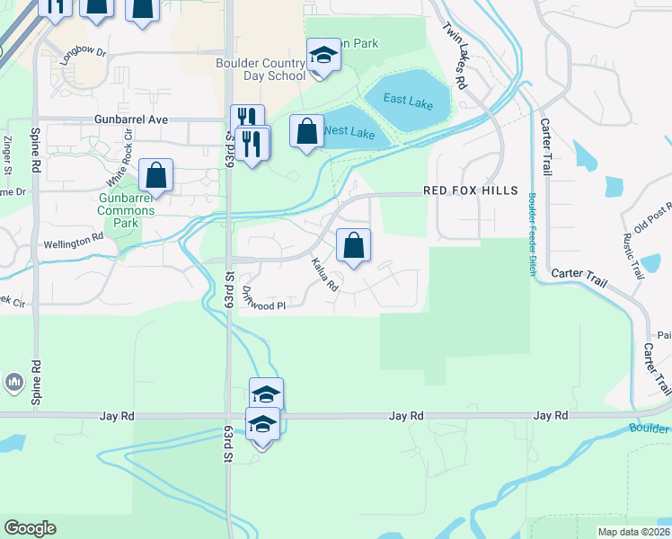 map of restaurants, bars, coffee shops, grocery stores, and more near 4419 Driftwood Place in Boulder