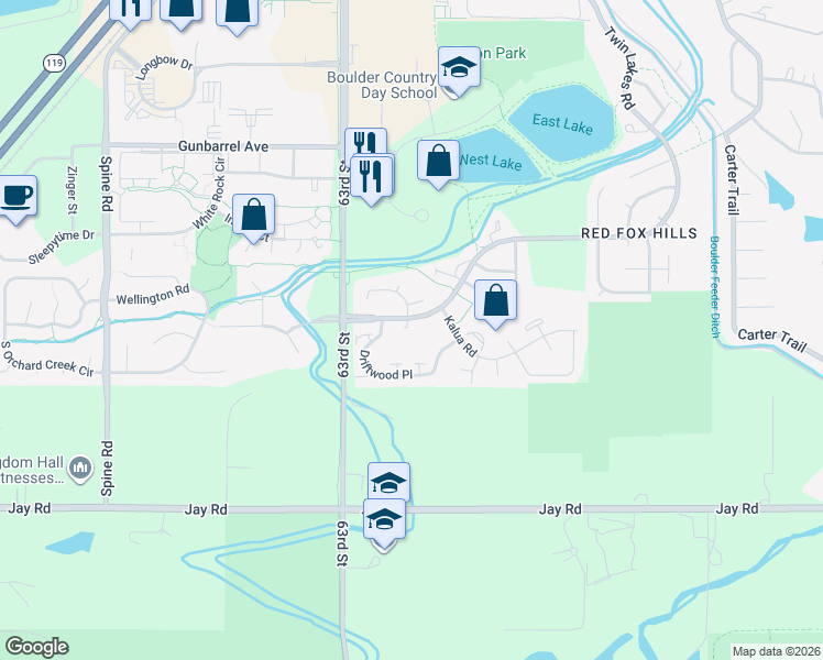 map of restaurants, bars, coffee shops, grocery stores, and more near 6400 Driftwood Place in Boulder