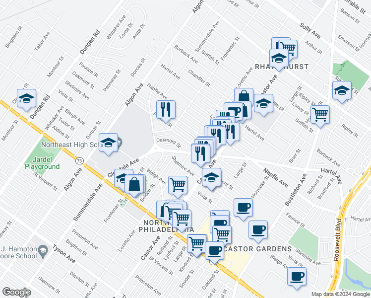 map of restaurants, bars, coffee shops, grocery stores, and more near 1847 Oakmont Street in Philadelphia