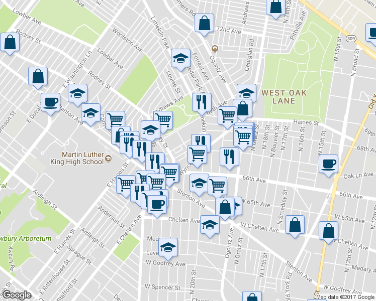 map of restaurants, bars, coffee shops, grocery stores, and more near 1934 Independence Street in Philadelphia