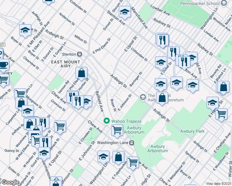 map of restaurants, bars, coffee shops, grocery stores, and more near 6426 Sprague Street in Philadelphia