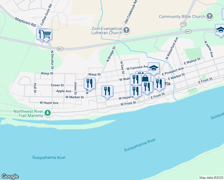 map of restaurants, bars, coffee shops, grocery stores, and more near 254 West Market Street in Marietta