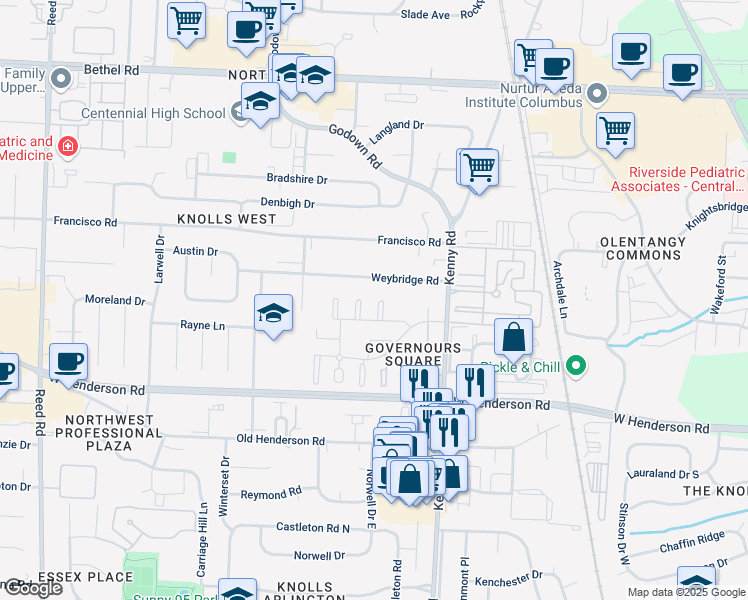 map of restaurants, bars, coffee shops, grocery stores, and more near 4780 Gainsborough Court in Columbus