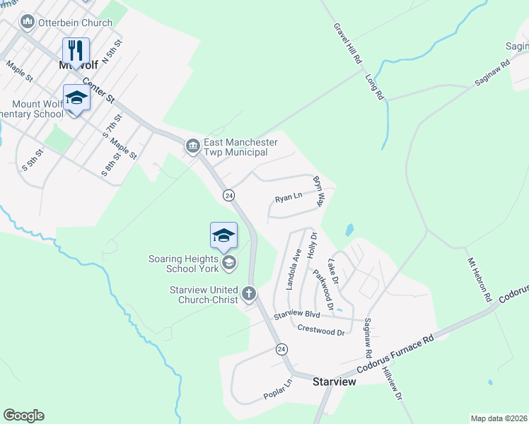 map of restaurants, bars, coffee shops, grocery stores, and more near 130 Ryan Lane in Mount Wolf