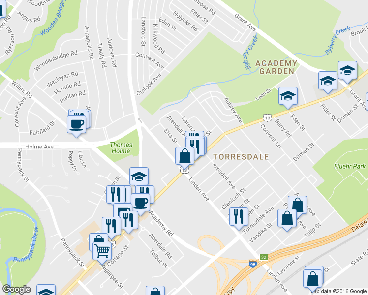 map of restaurants, bars, coffee shops, grocery stores, and more near 9216 Leon Street in Philadelphia