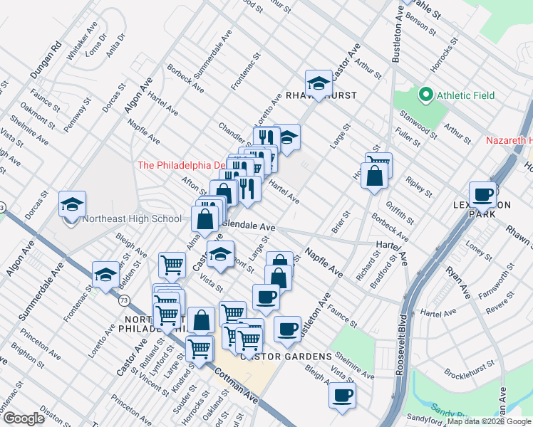 map of restaurants, bars, coffee shops, grocery stores, and more near 2040 Napfle Street in Philadelphia