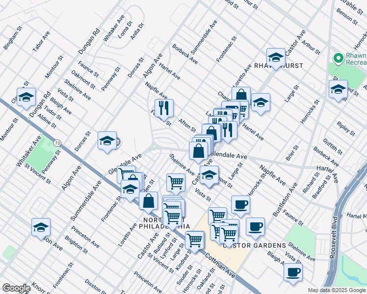 map of restaurants, bars, coffee shops, grocery stores, and more near 1847 Oakmont Street in Philadelphia