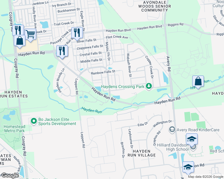 map of restaurants, bars, coffee shops, grocery stores, and more near 5532 Firehole Falls Street in Dublin