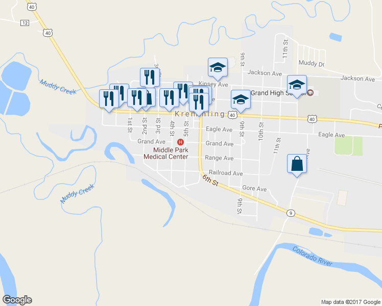 map of restaurants, bars, coffee shops, grocery stores, and more near 503 Range Ave in Kremmling