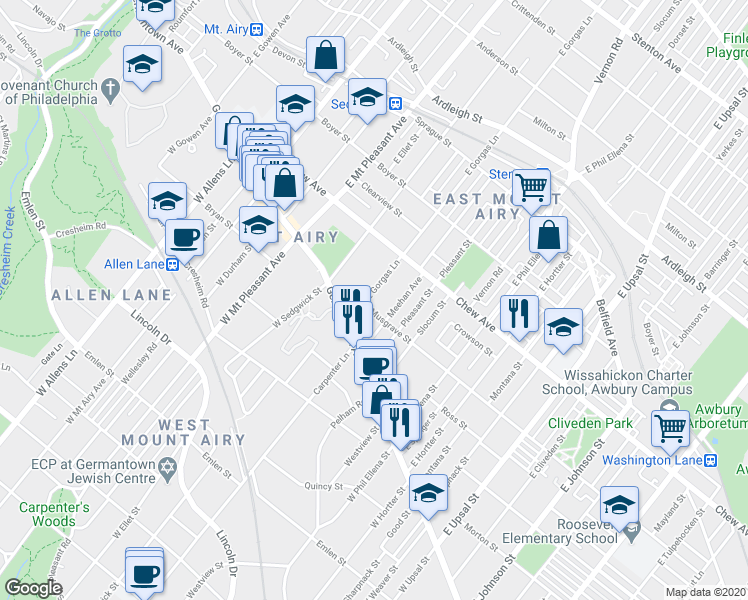 map of restaurants, bars, coffee shops, grocery stores, and more near 106 East Gorgas Lane in Philadelphia