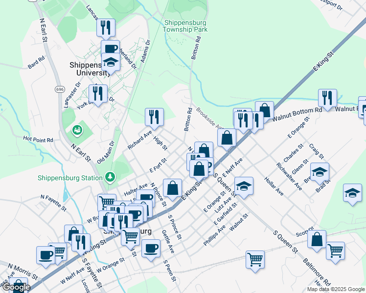 map of restaurants, bars, coffee shops, grocery stores, and more near 352 East Fort Street in Shippensburg