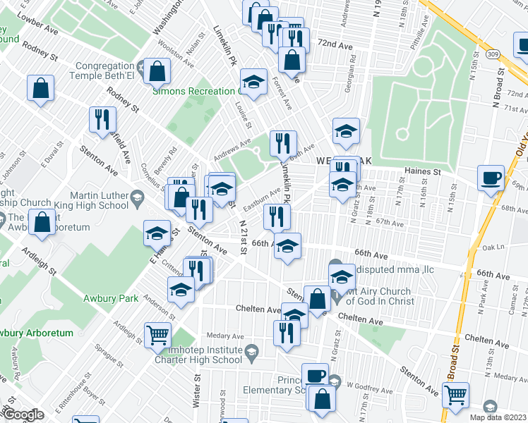 map of restaurants, bars, coffee shops, grocery stores, and more near 1916 Independence Street in Philadelphia