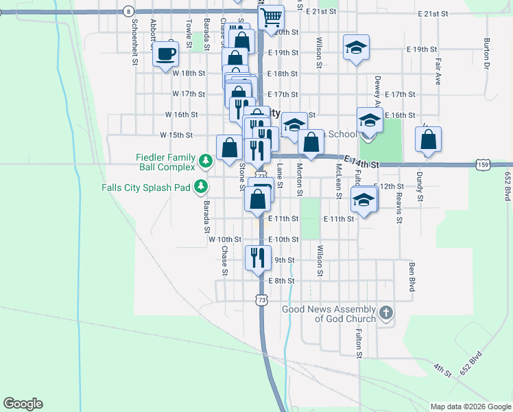 map of restaurants, bars, coffee shops, grocery stores, and more near 1104 Stone Street in Falls City