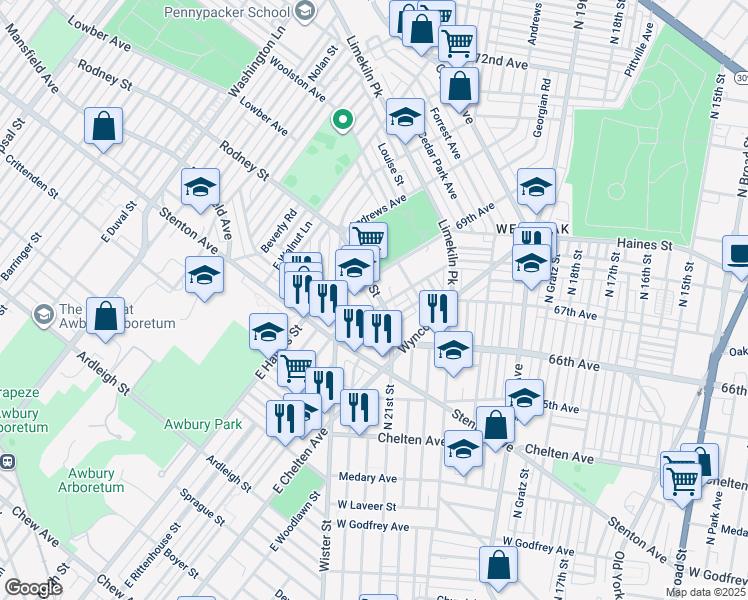 map of restaurants, bars, coffee shops, grocery stores, and more near 6808 Rodney Street in Philadelphia
