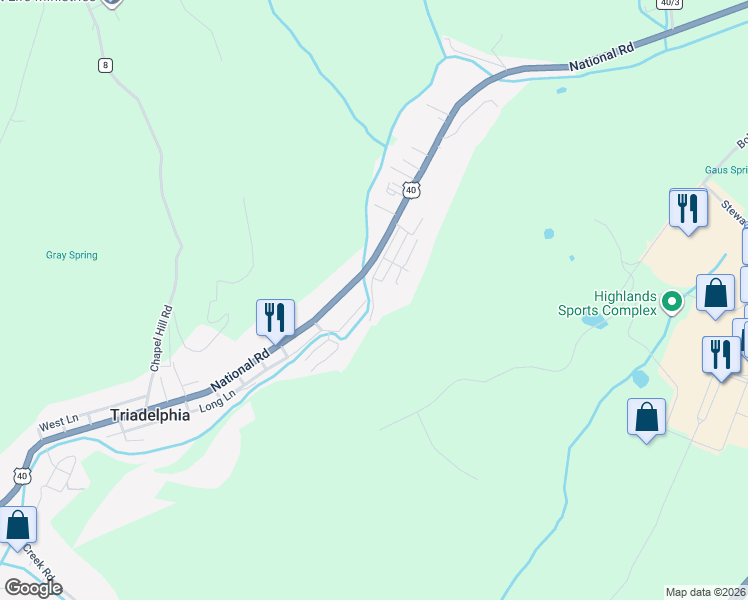 map of restaurants, bars, coffee shops, grocery stores, and more near Med St in Triadelphia